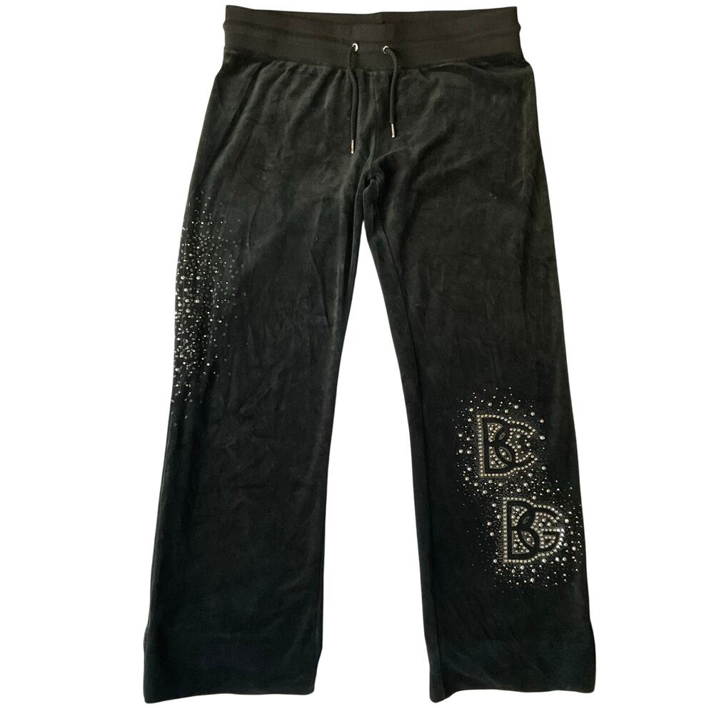 BCBGMAXAZRIA Women Velvet Pants size L Black Slightly Flared Rhinestones Trendy